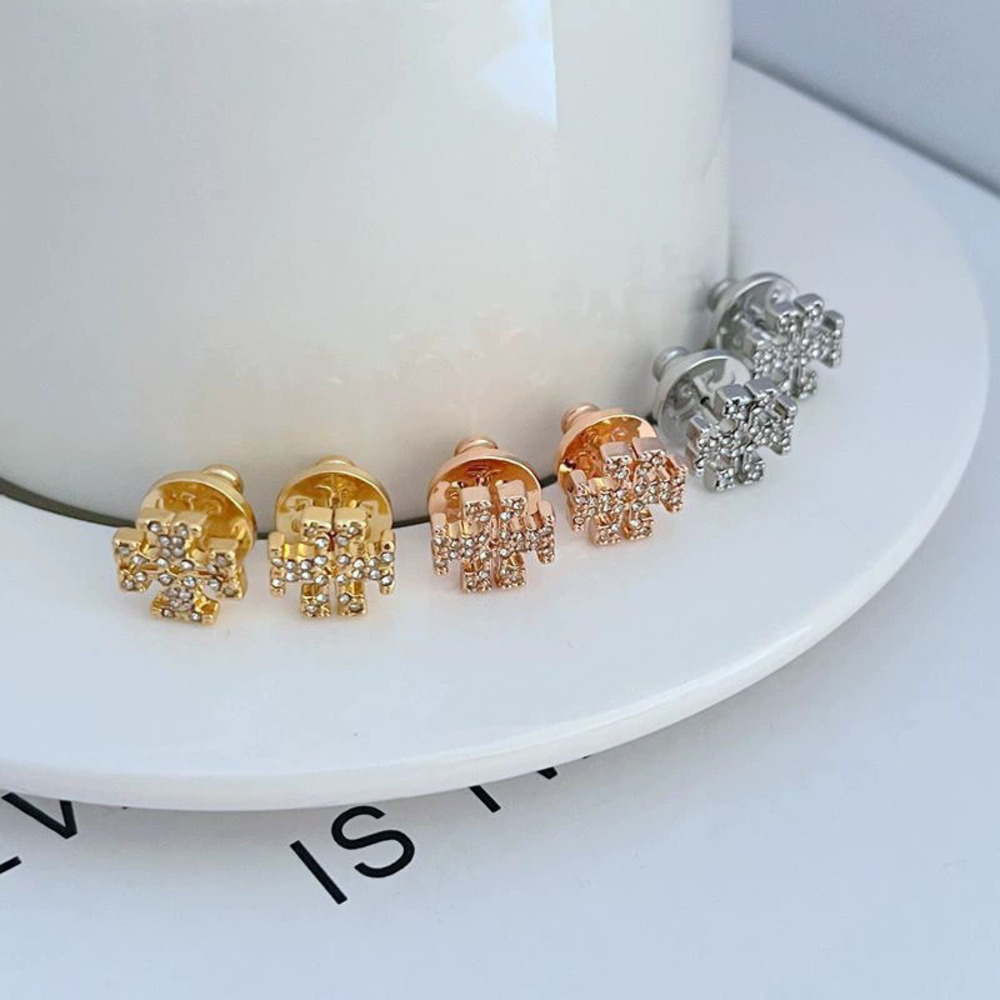 Tory Burch Gold Plated 3D Letter Stud Earrings CZ